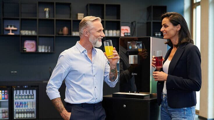 Menschen trinken Wasser mit Sirup vor dem welltec Aqua Choice Wasserspender